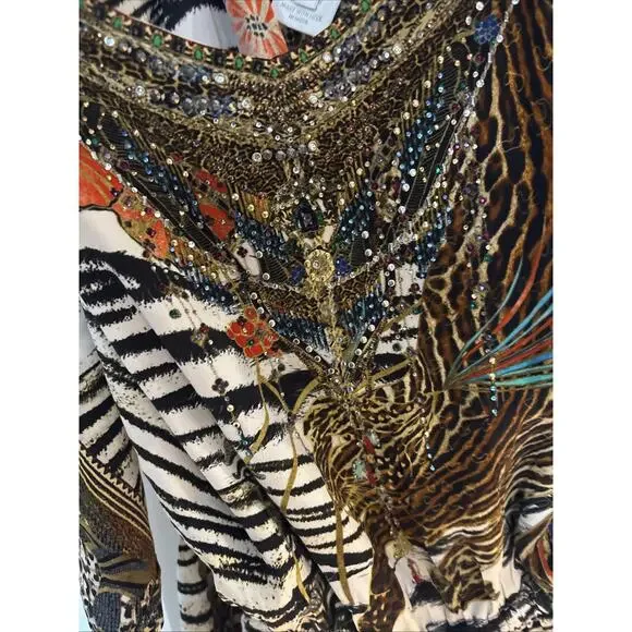 Camilla Womens BLACK WHITE Tiger Silk Romper Multi color sz Med pockets crystals - Picture 4 of 15